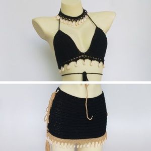 3pcs Bikini Set Woman Crochet Shell Tassel Bikini Top And Seashell